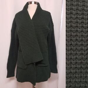 Vintage POL Chunky Knit Olive Drab Green Open Cardigan Shawl Wrap Sweater